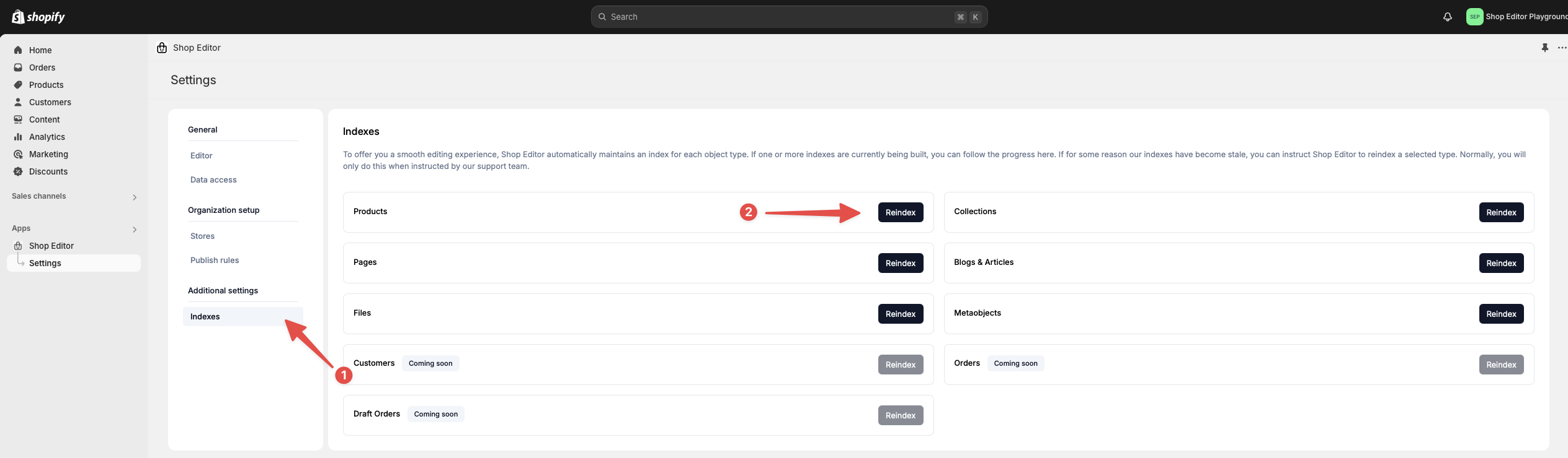 The indexes menu